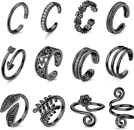 12PCS Adjustable Beach Foot Jewelry Set Copper Toe Ring Multiple Styles Black