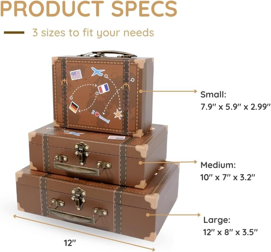 3 Vintage Decorative Suitcases Trunk Retro Wood Leather Antique Storage