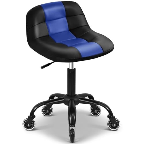 Rolling Shop Stool with Wheels, Rolling Stool with Back Support, 360° Blue