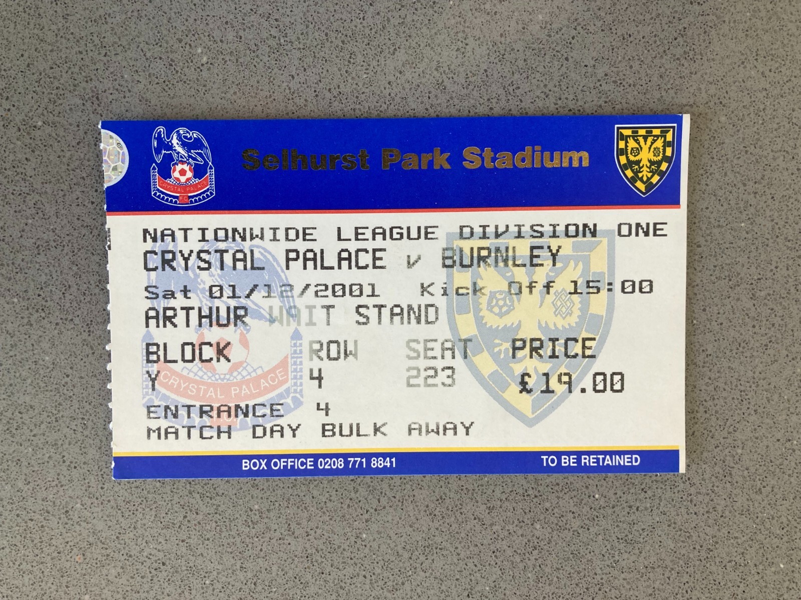 Crystal Palace v Burnley 2001-02 Match Ticket