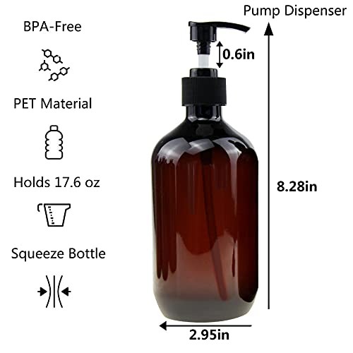 6 Pack 500ml Amber Plastic Pump Bottles - Refillable for Sanitizer, Lotion