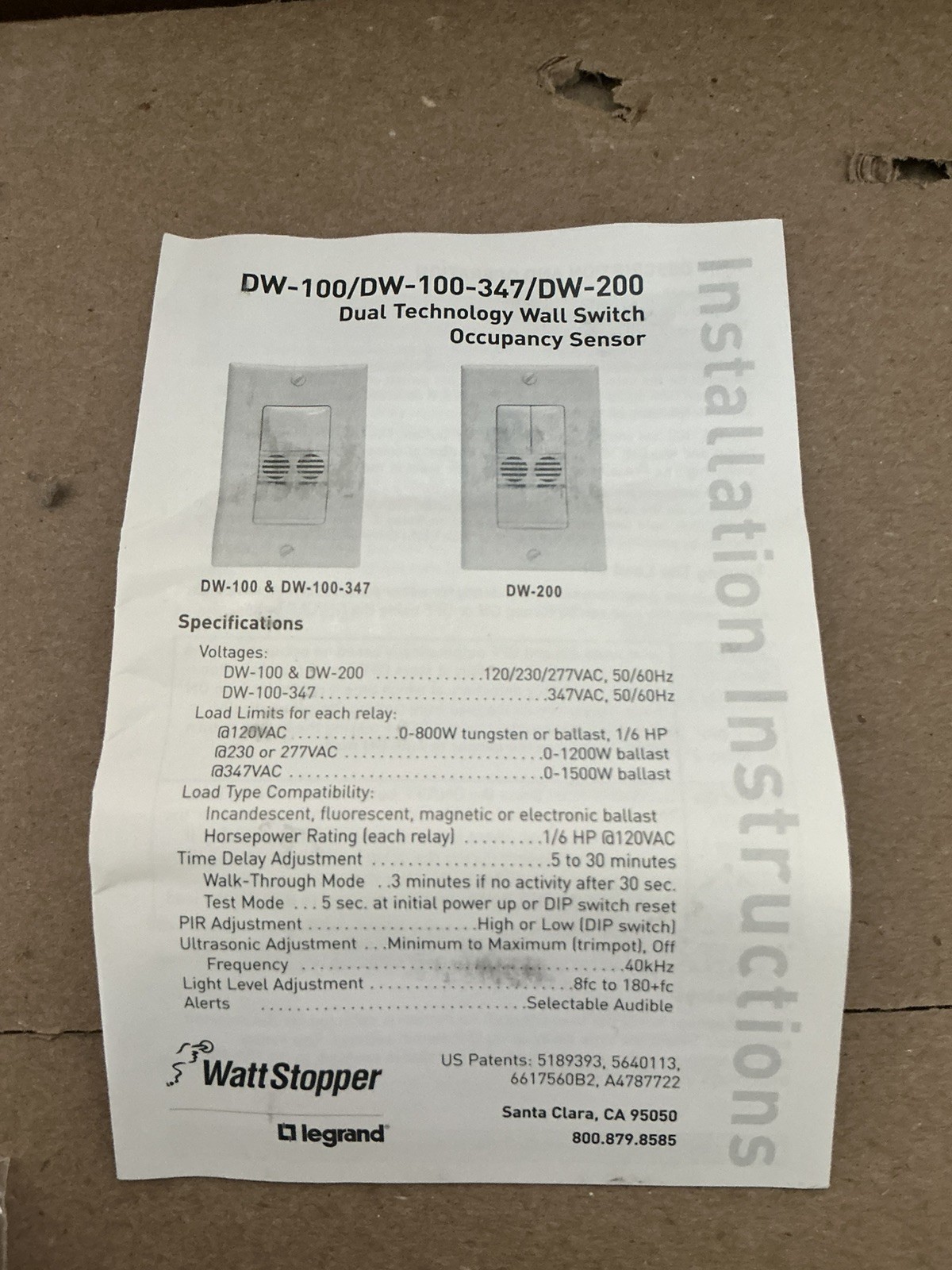 Wattstopper DW-100-I Dual Tech Wall Switch Sensor