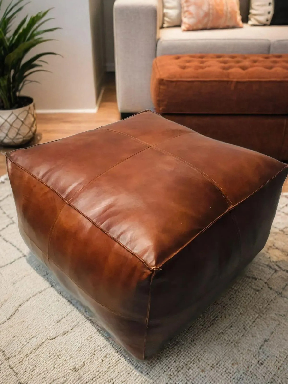 Elegant Brown Leather Footstool Ottoman Handmade Square Design 30'' Unstuffed