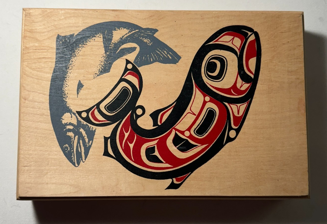 Wooden Hinge Lid Box with Native American Art Cover Salmon  7"x11"