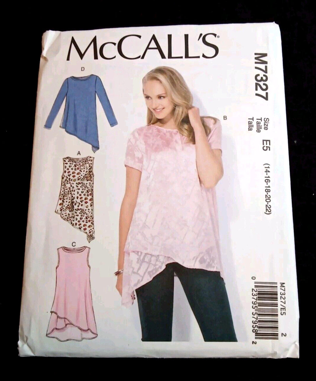 McCALL'S UNCUT Pattern M7327 Plus Size 14-22 Misses Pullover Tops Loose Fitting