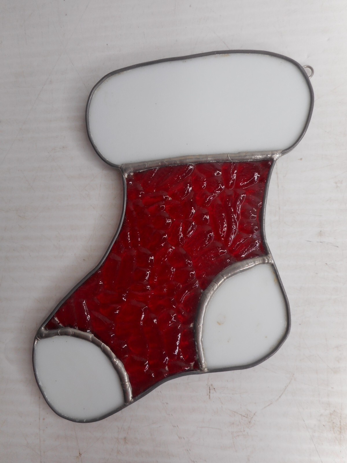 Stained Glass Red/White Christmas Stocking Suncatcher 6-3/4" H x 4-3/4" Hanging