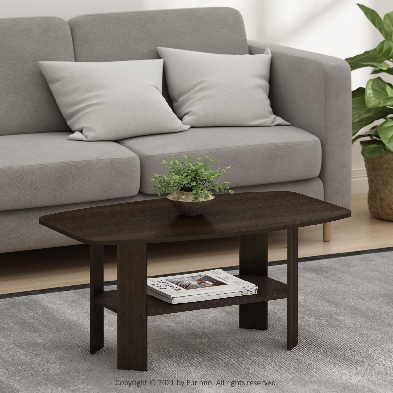 Modern Dark Brown Coffee Table with Open Shelf - Small Side Table for Living Roo