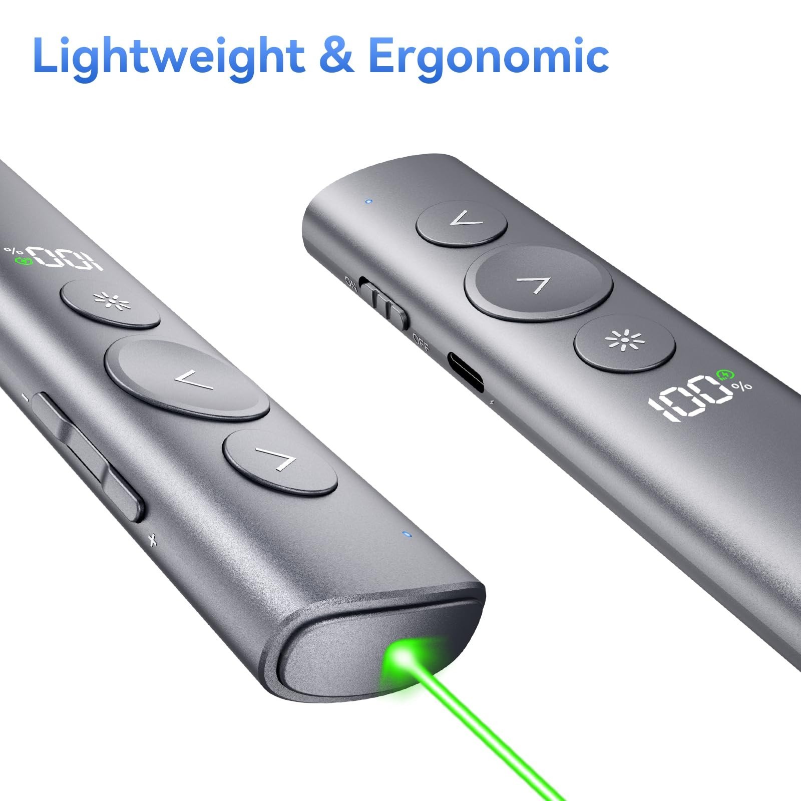 Rechargeable Wireless Presentation Clicker with Green Laser Pointer, USB-A & USB