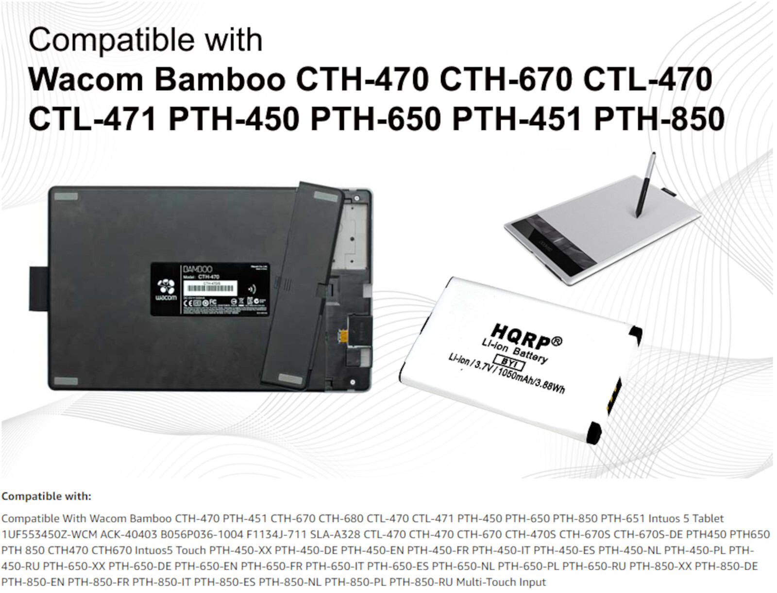 Battery for Wacom Bamboo CTH CTL PTH Series Intuos 5 Tablet Multi-Touch Input