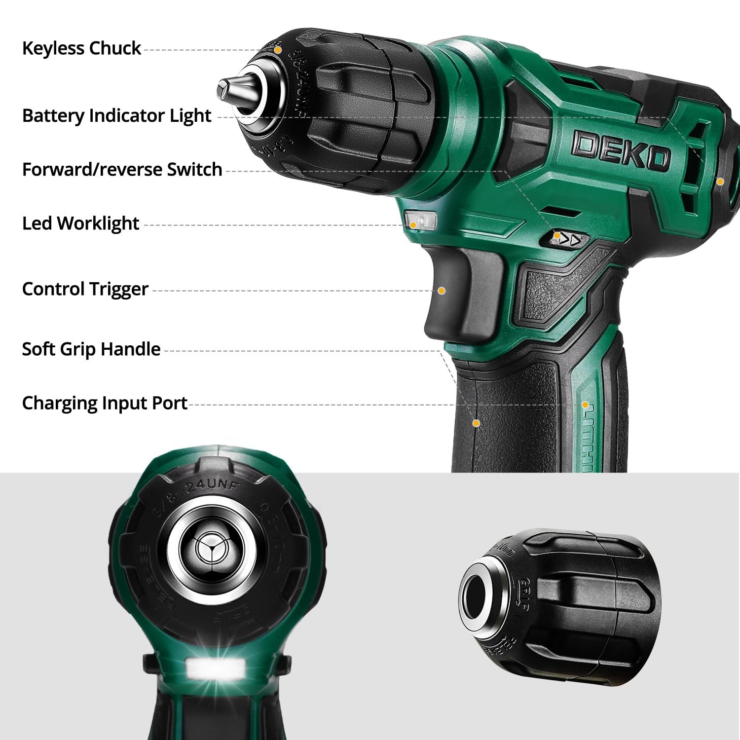 Tool Kit: 8V Cordless Drill, Home Toolbox with storage case, Hand Green