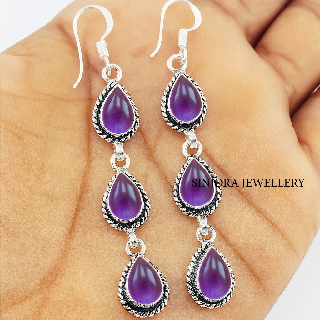 Amethyst Gemstone 925 sterling silver handmade Dangle/Drop Earrings 2.75"