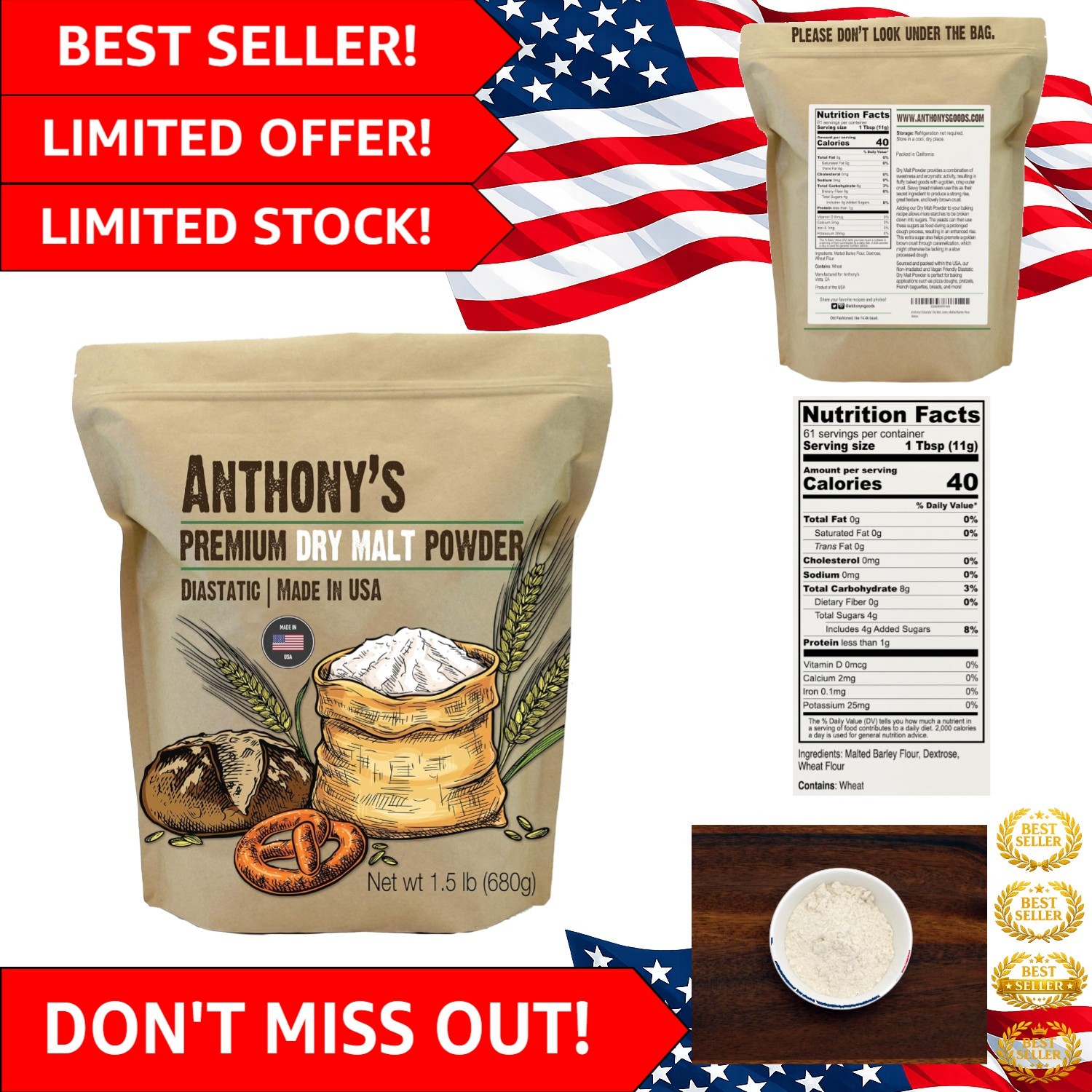 Non-Irradiated Diastatic Dry Malt Powder, 1.5 lb for Golden Crust Perfection