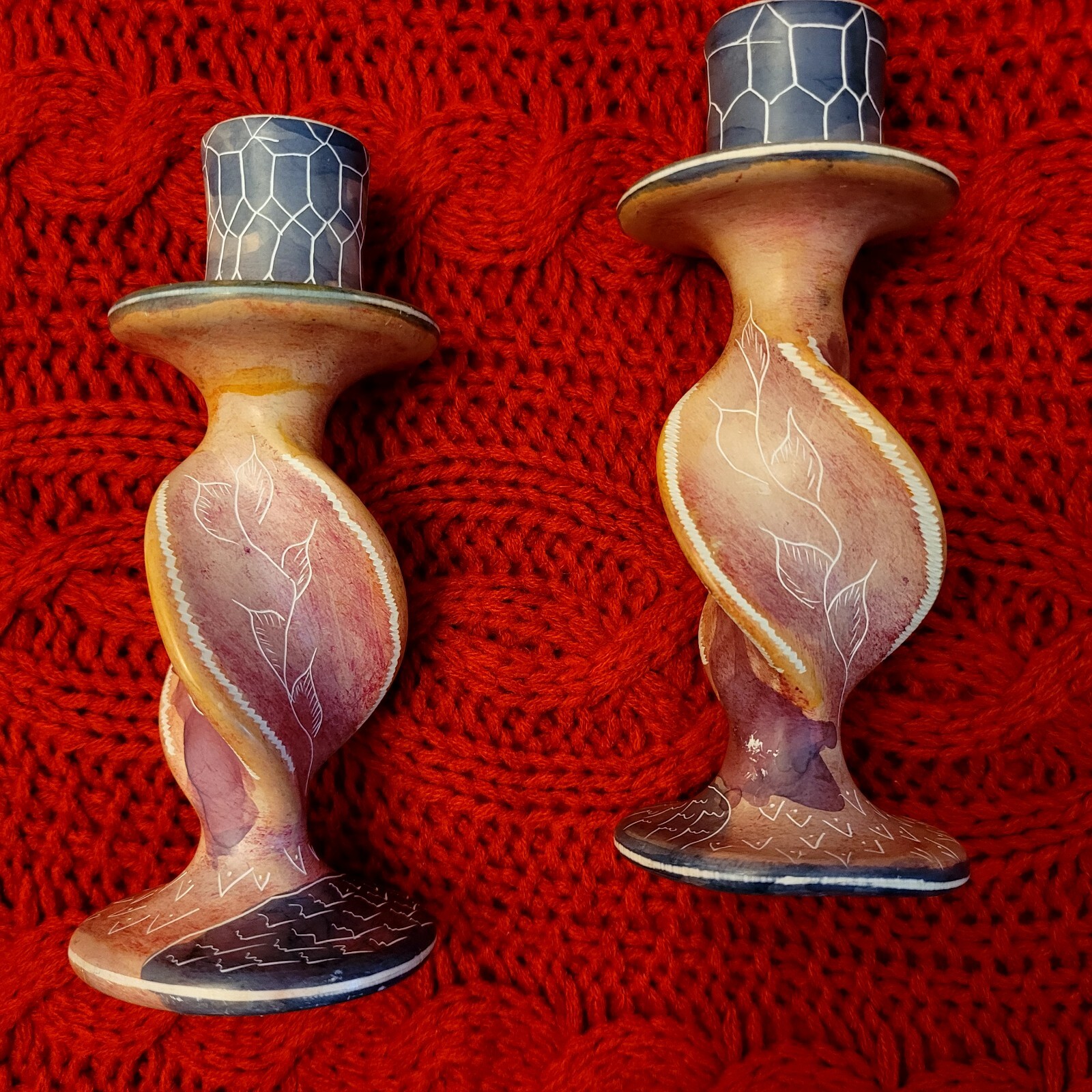 Soapstone Hand Crafted Candle Sticks  With Floral and Fish Motif. Made In Kenya