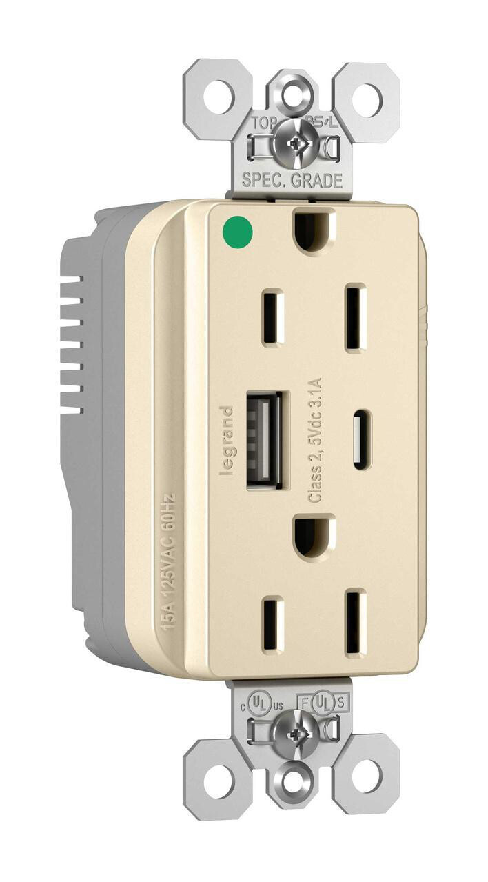 PlugTail Hospital Grade 15A USB Charging Receptacle Light Almond Type A/c  P&S