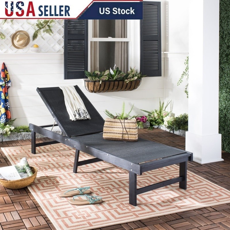 Outdoor Lounge Chair Adjustable Reclining Acacia Wood Textilene Garden Furniture