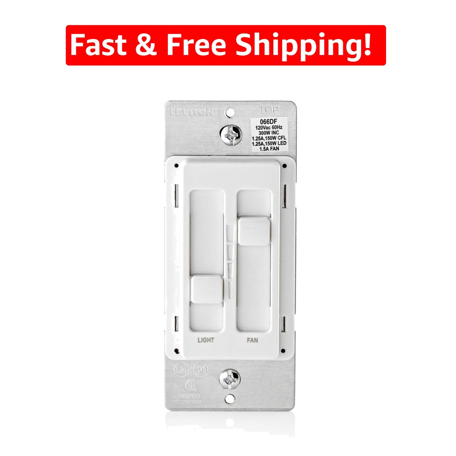 Convenient Dual Control Fan & Light Dimmer Switch - White, 150W LED Rated