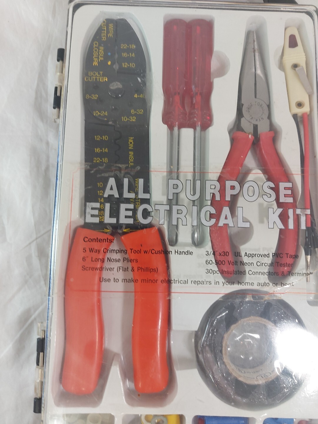 All Purpose Electrical Kit Crimping Tool Tape Connectors Pliers Screwdrivers