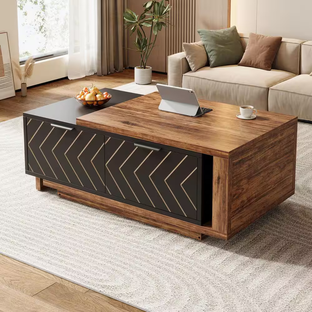 Kerlin 42.13 In. Brown and Black Modern Extendable Center Table with Storage, Re
