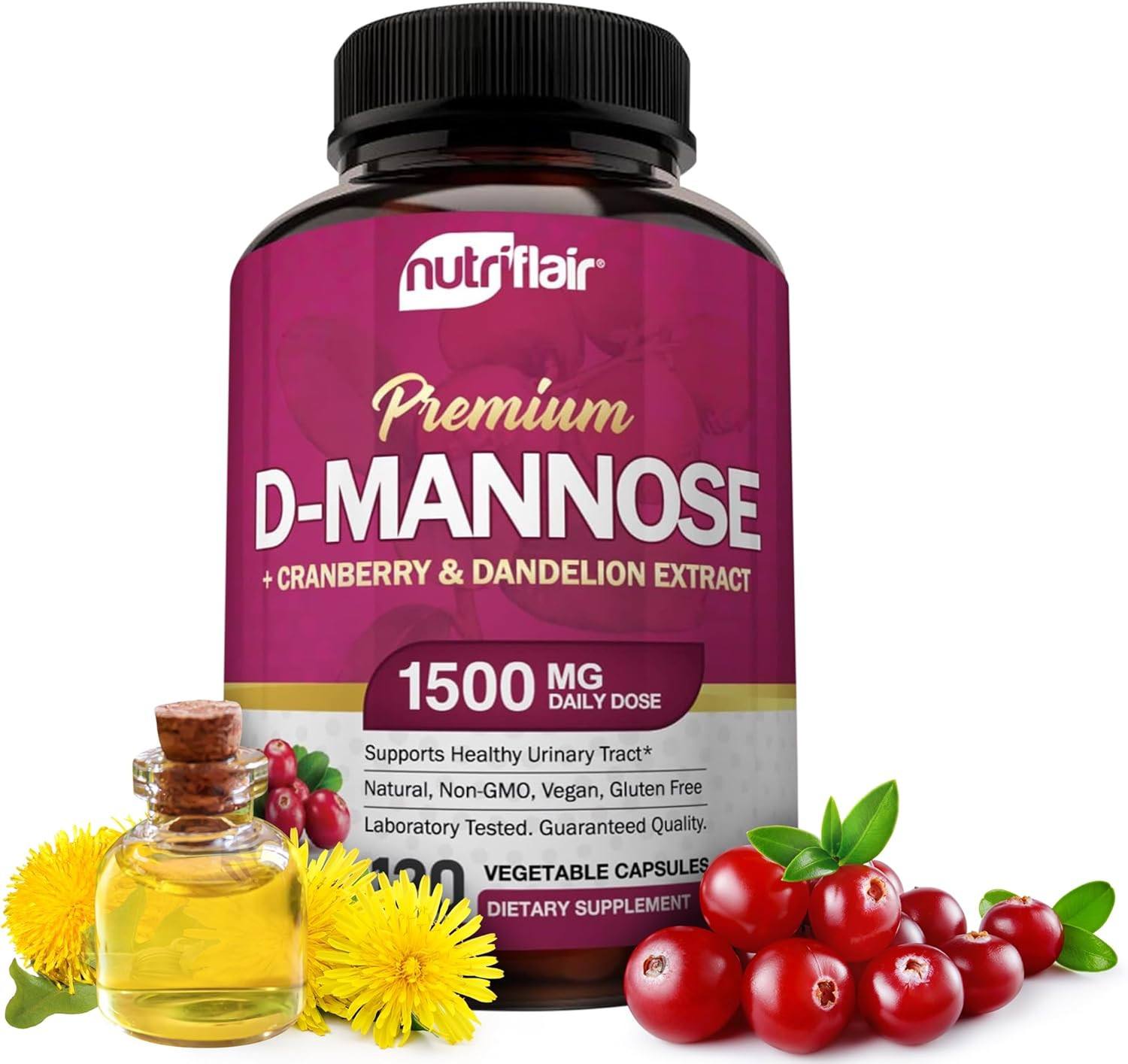 NutriFlair D-Mannose 1500mg, 120 Capsules - with Cranberry and Dandelion...