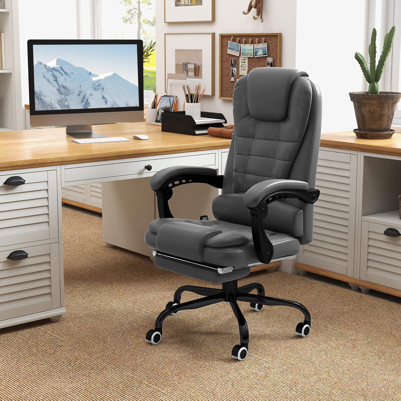 PU Leather Massage Computer Chair w/ Padded Seat and Adjustable Height, Grey