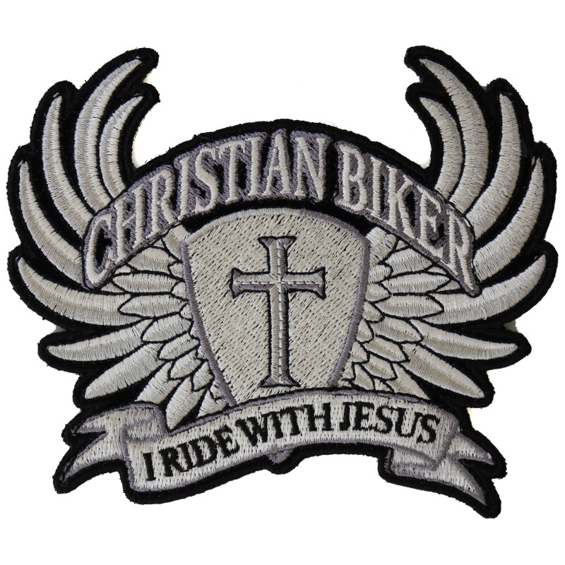 Embroidered Patch (Iron-On), Christian Biker I Ride With Jesus White/Black