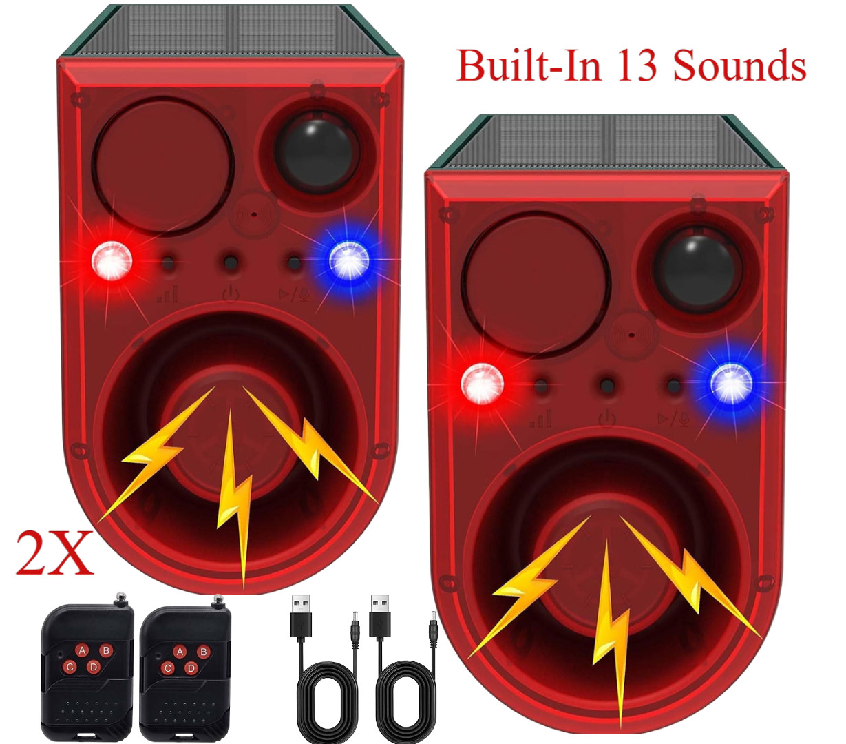 2XSOLAR MOTION DETECTOR ALARM DOG BARKING ANIMAL REPELLENT 13 SOUNDS FLASH LIGHT