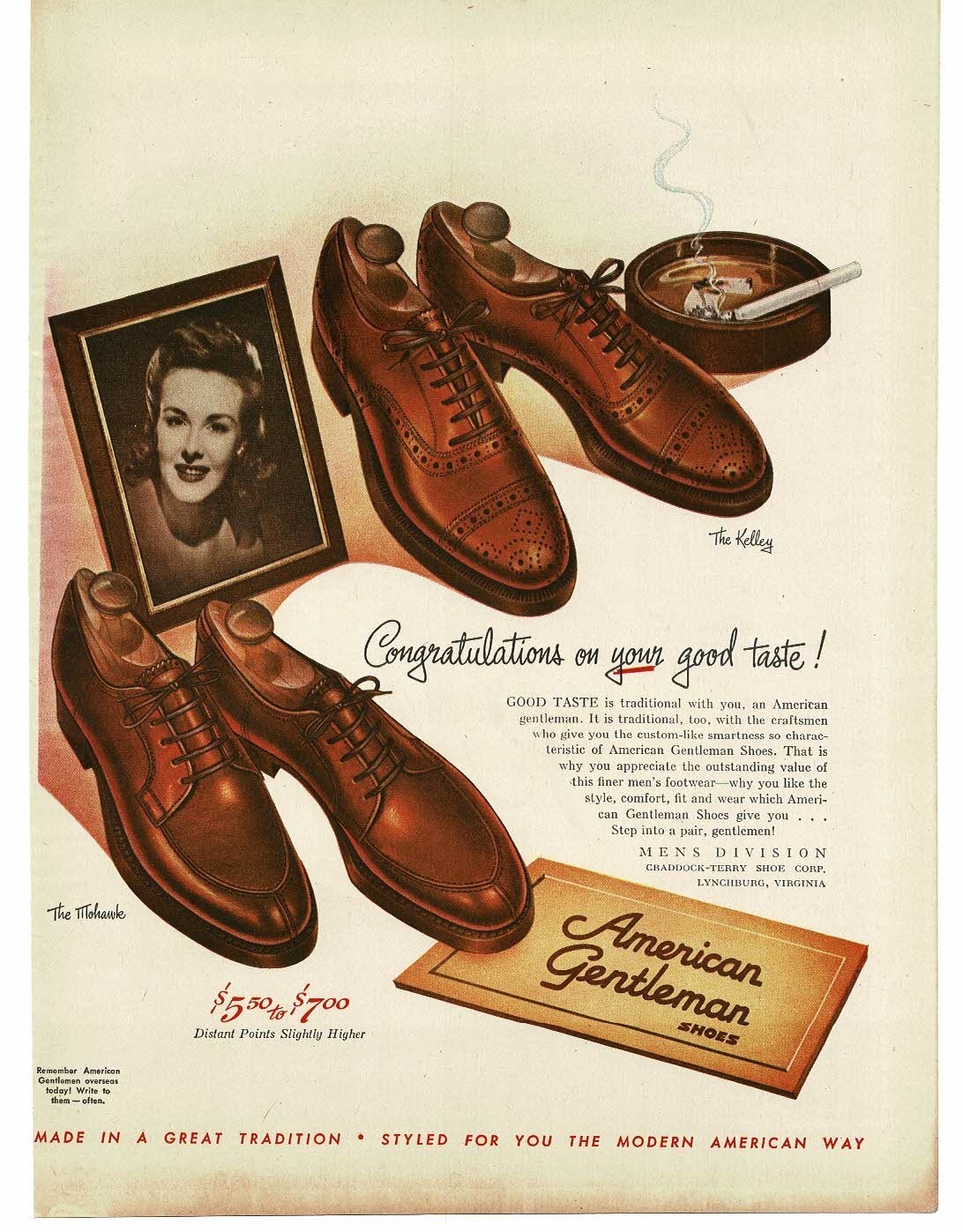 1945 American Gentleman Shoes Mohawk Kelley Vintage Print Ad