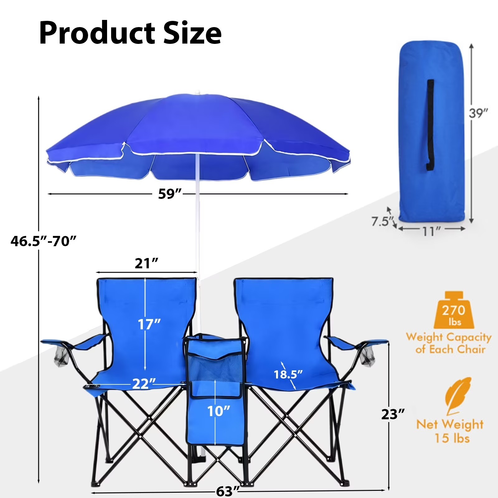 Portable Folding Picnic Double Chair With Removable Umbrella Blue