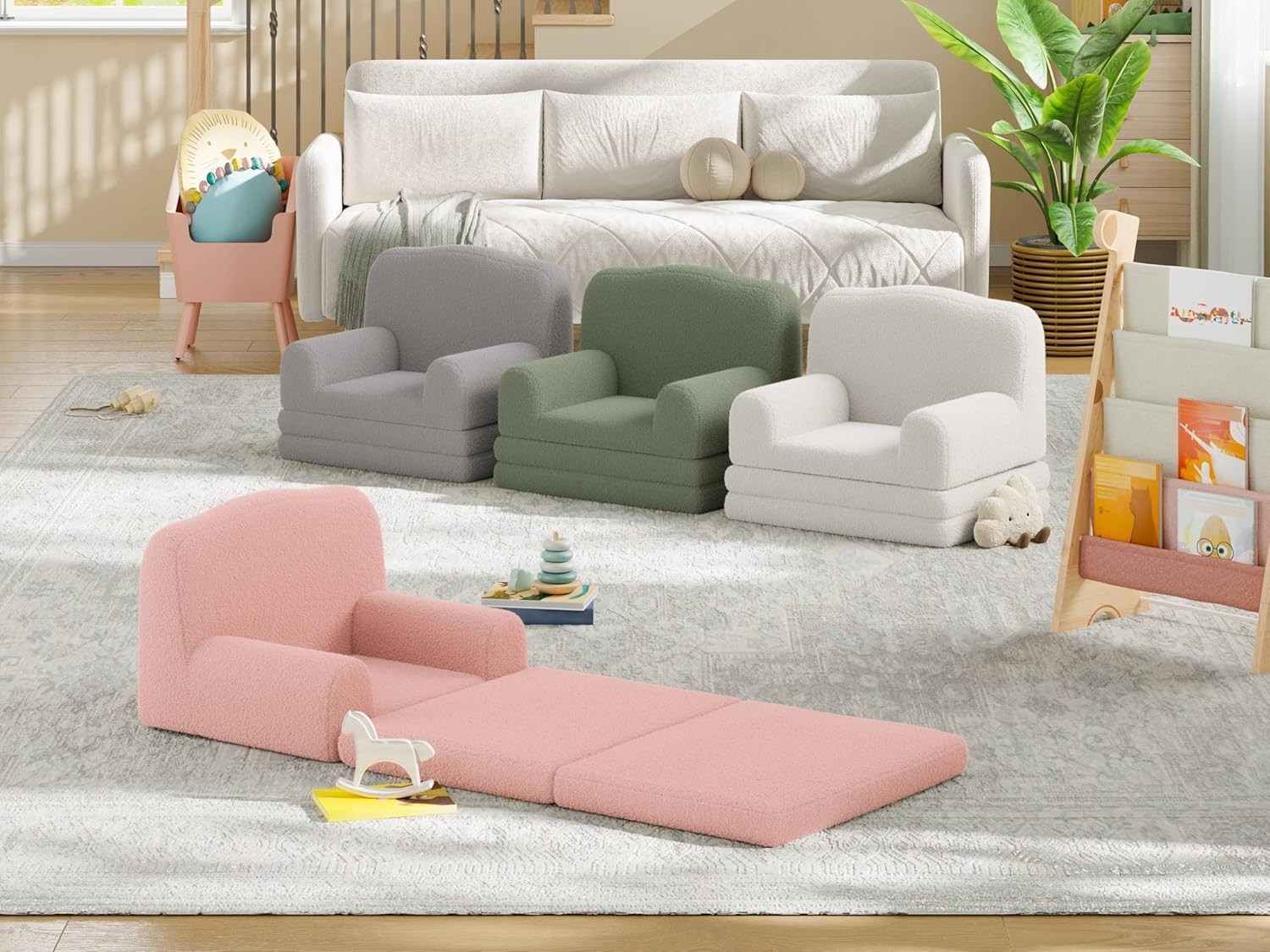 Kids Fold Out Convertible Sofa Bed, Washable Sherpa Cover, Crown Wave Design