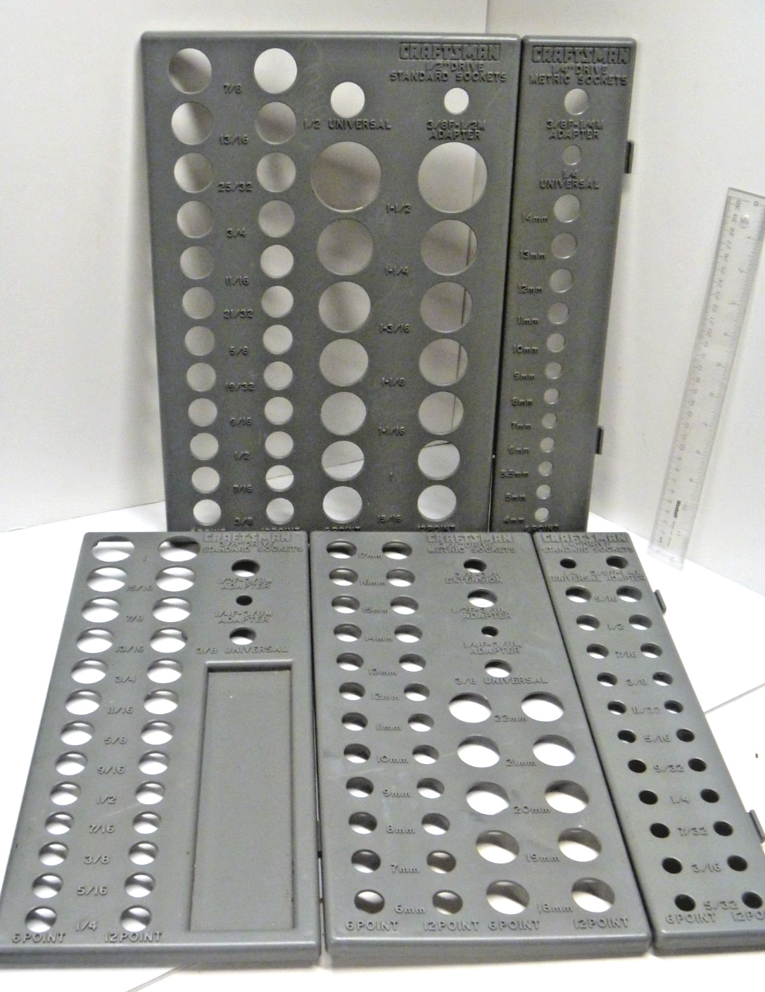 Vintage Craftsman Socket Organizer 5 Tray Set - SAE & Metric - 1/2" 3/8" 1/4"
