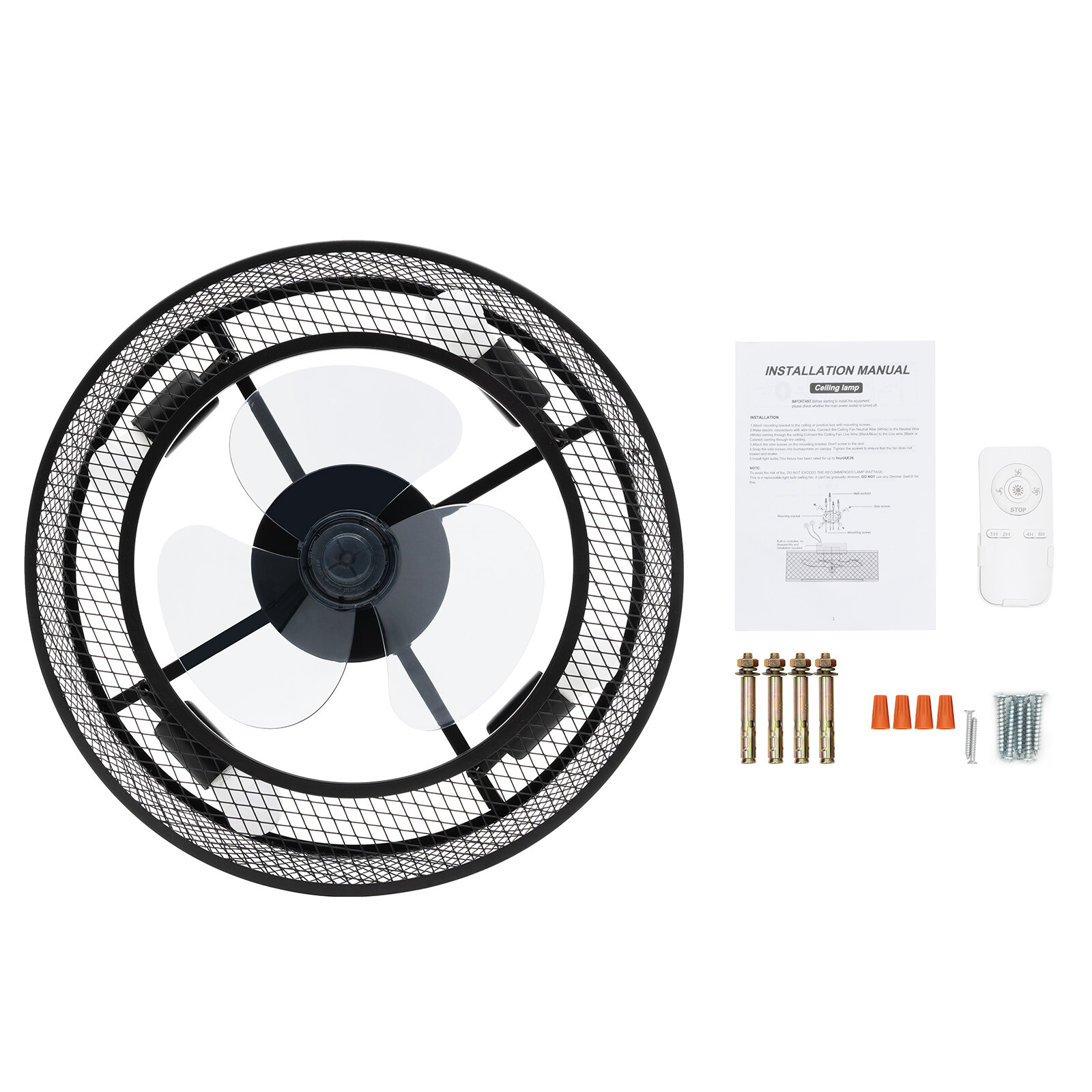 Modern LED Ceiling Fan Light Semi Flush Mount Caged Fan Lamp with Remote Control
