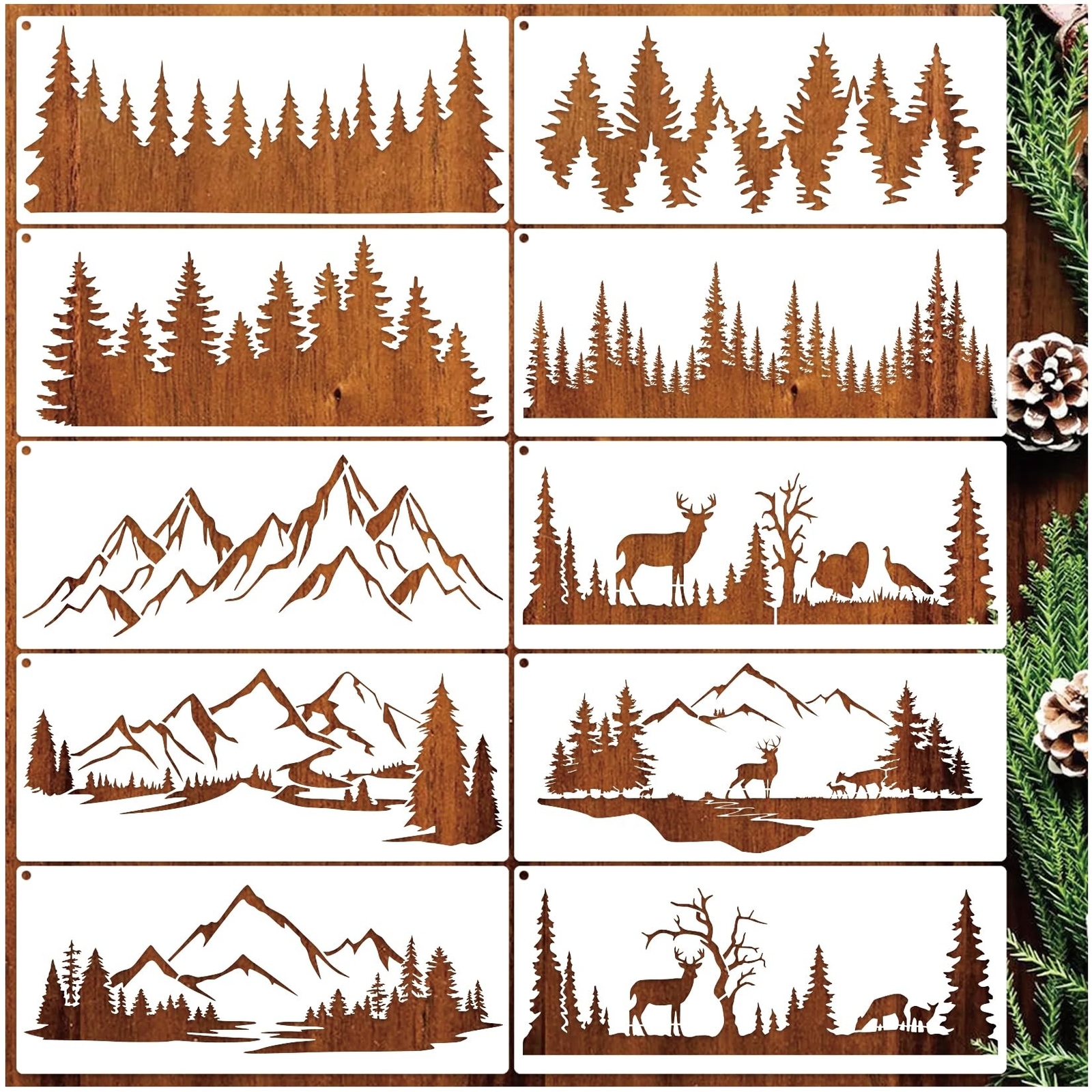 10 Pieces Pine Tree Stencils for Painting, Mountain Stencil Template Reusable...