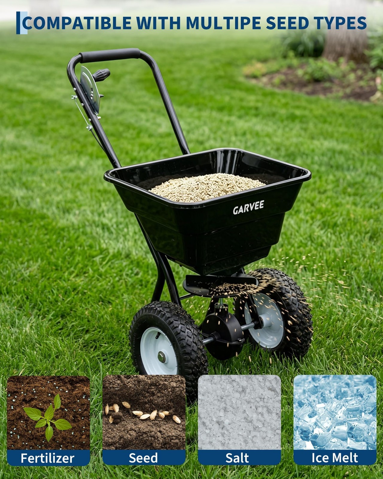 Walk Behind Lawn Spreader, 80/100/125 LBS Tow/Push Broadcast Spreader Adjustable