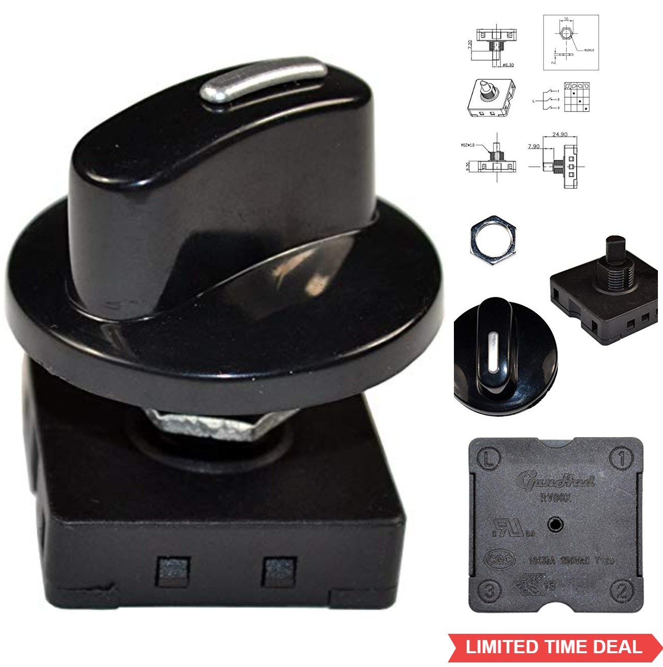 Rotary Switch 4 Position 3 Speed 120V 250V 10A Fan Heater Speed Selector With