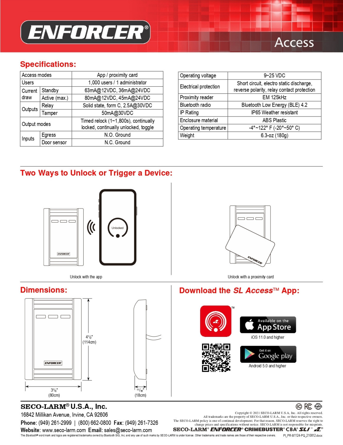 Seco-Larm PR-B1124-PQ ENFORCER Bluetooth Access Controller Proximity Card Reader