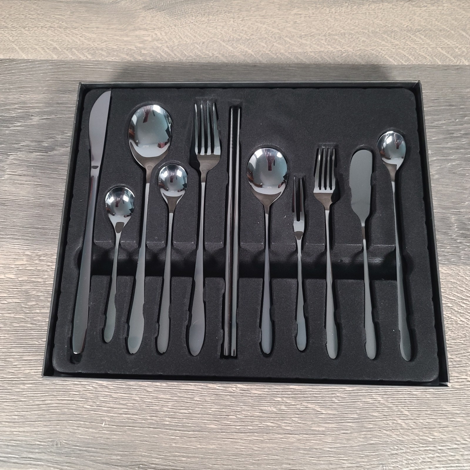 New Open Box Black Stainless Steel Series 11pc Flatware Set Modern Cutlery