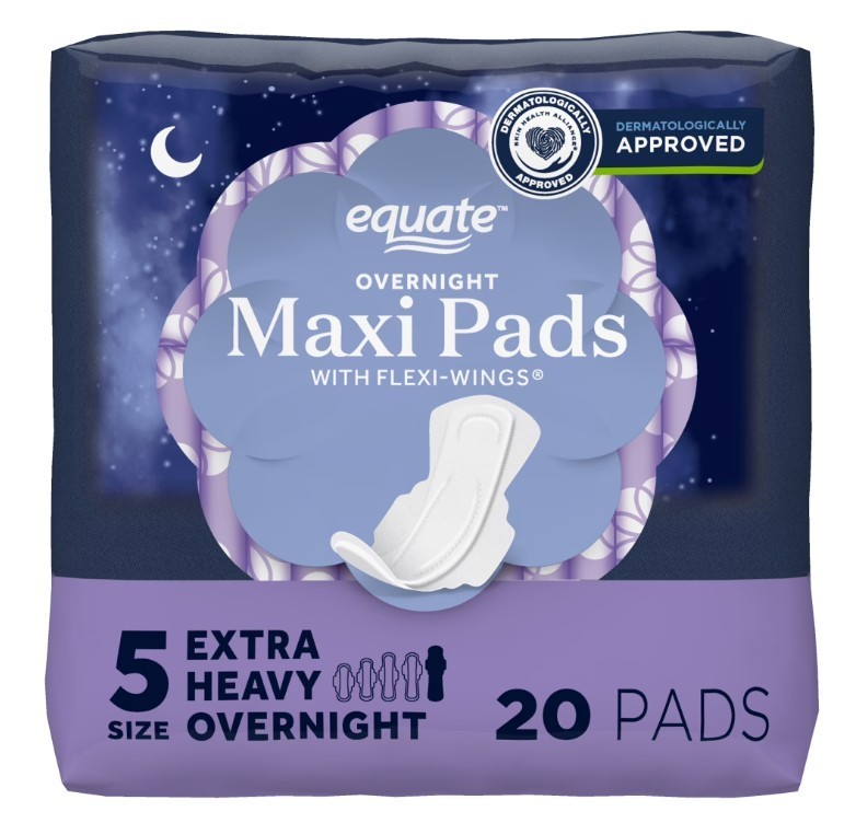Equate Extra Heavy Overnight Maxi Pads With Wings Size 5 Feminine Care 20 Count