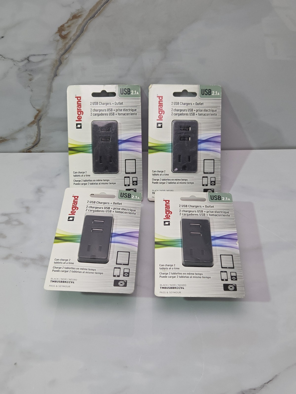 (4) Legrand 15 Amp Decorator Residential USB Charger Outlet Black TM8USBBKCCV4
