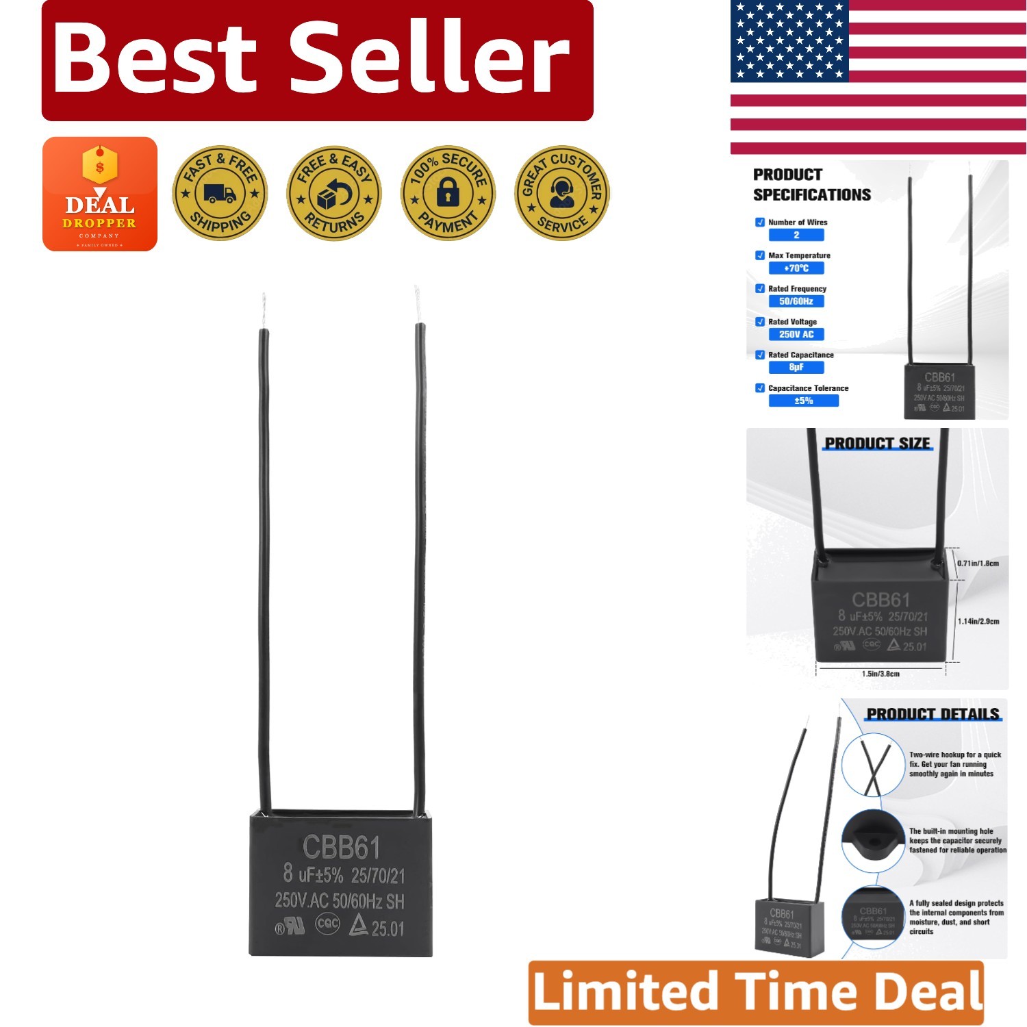 Durable 8uF 250VAC Ceiling Fan Capacitor - Rectangular Shape, High Performance