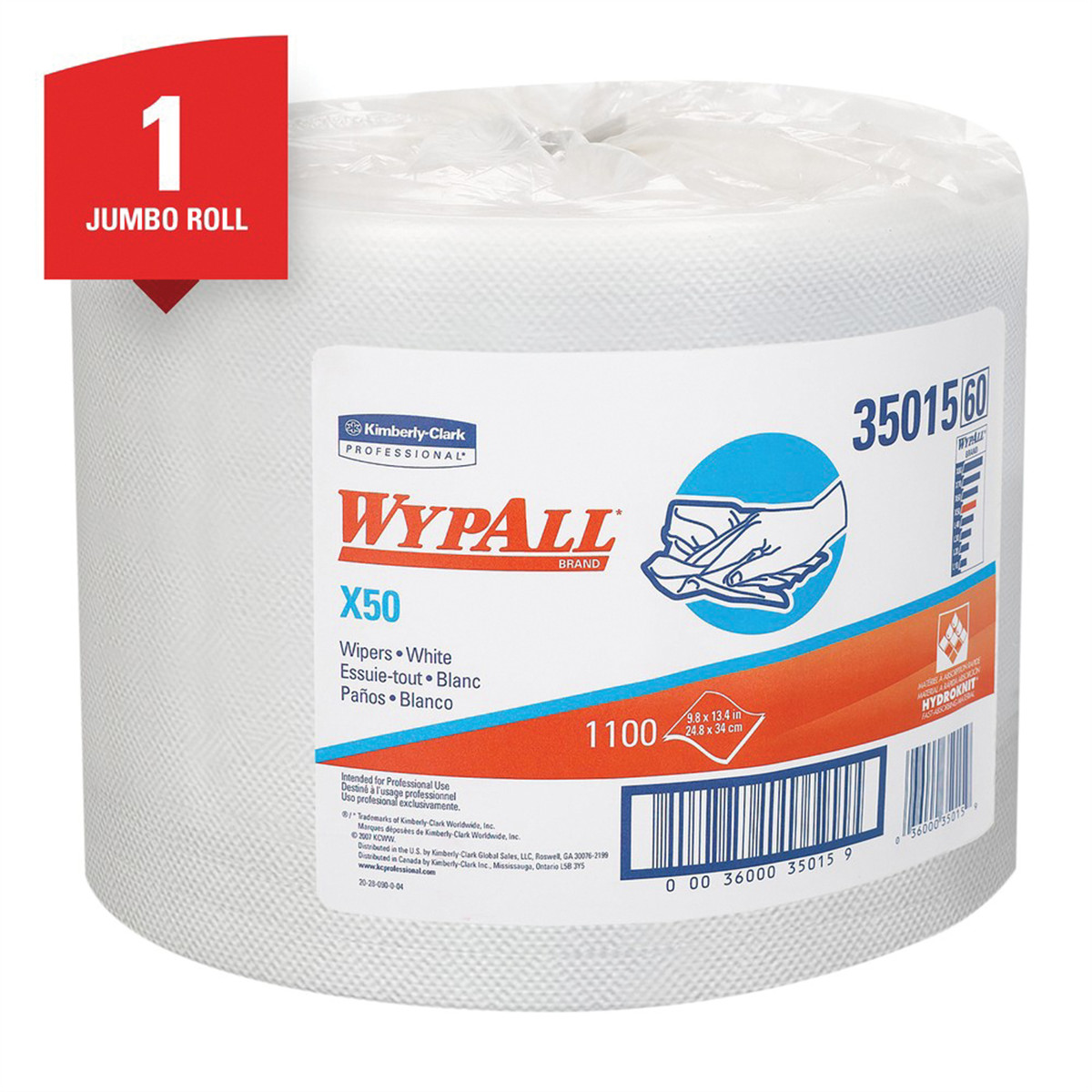 Kimberly Clark WypAll 35015 X50 Series Jumbo Roll Cloth, 9.8 x 13.4 in, 1100, Hy