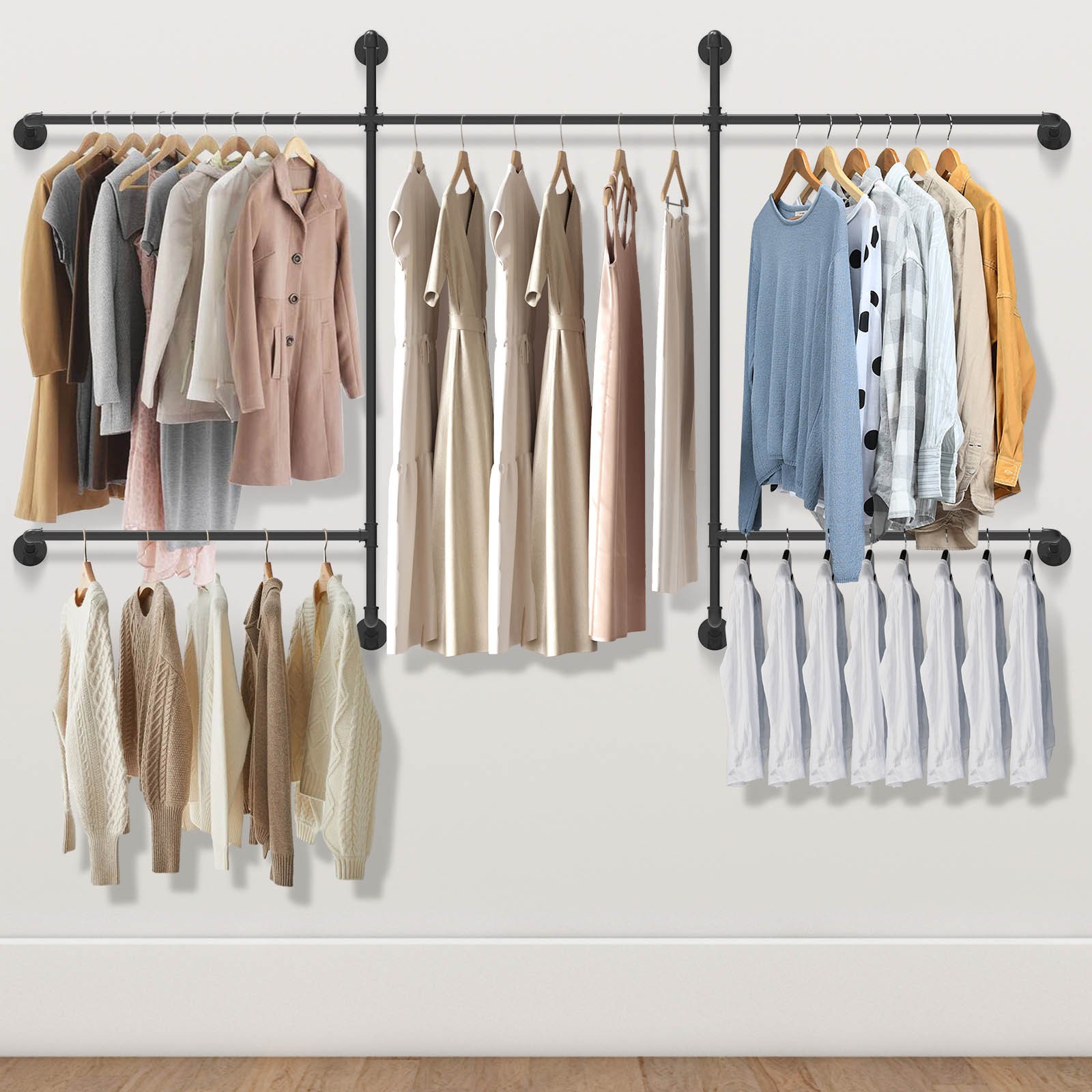 Industrial Pipe Clothing Racks Wall Mounted with 5 Hanging Rods