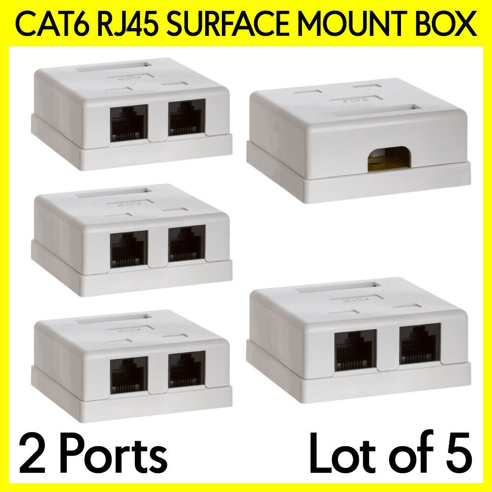 5 Pack RJ45 Surface Mount Box Two Port Cat6 RJ-45 Ethernet Connector Wall Box