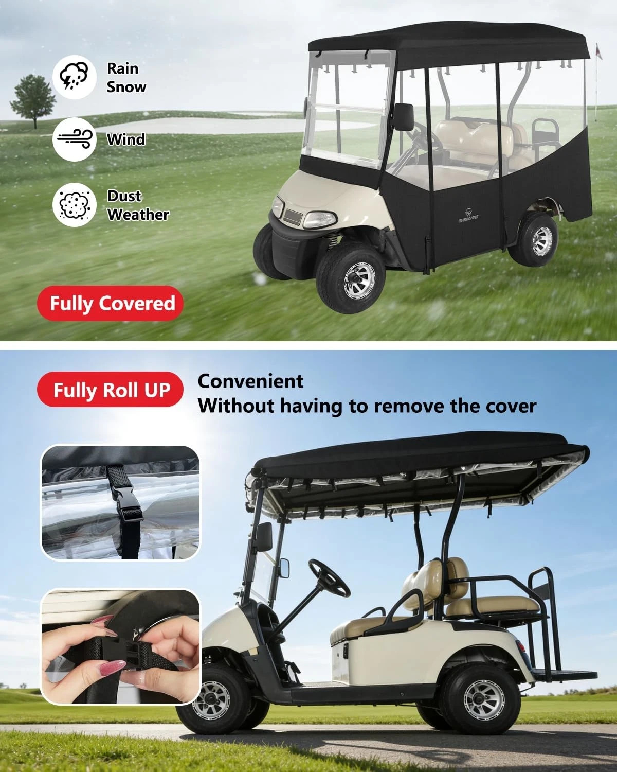 Golf Cart Enclosure 4 Passenger for EZGO RXV 4 Passenger Extended Roof Black
