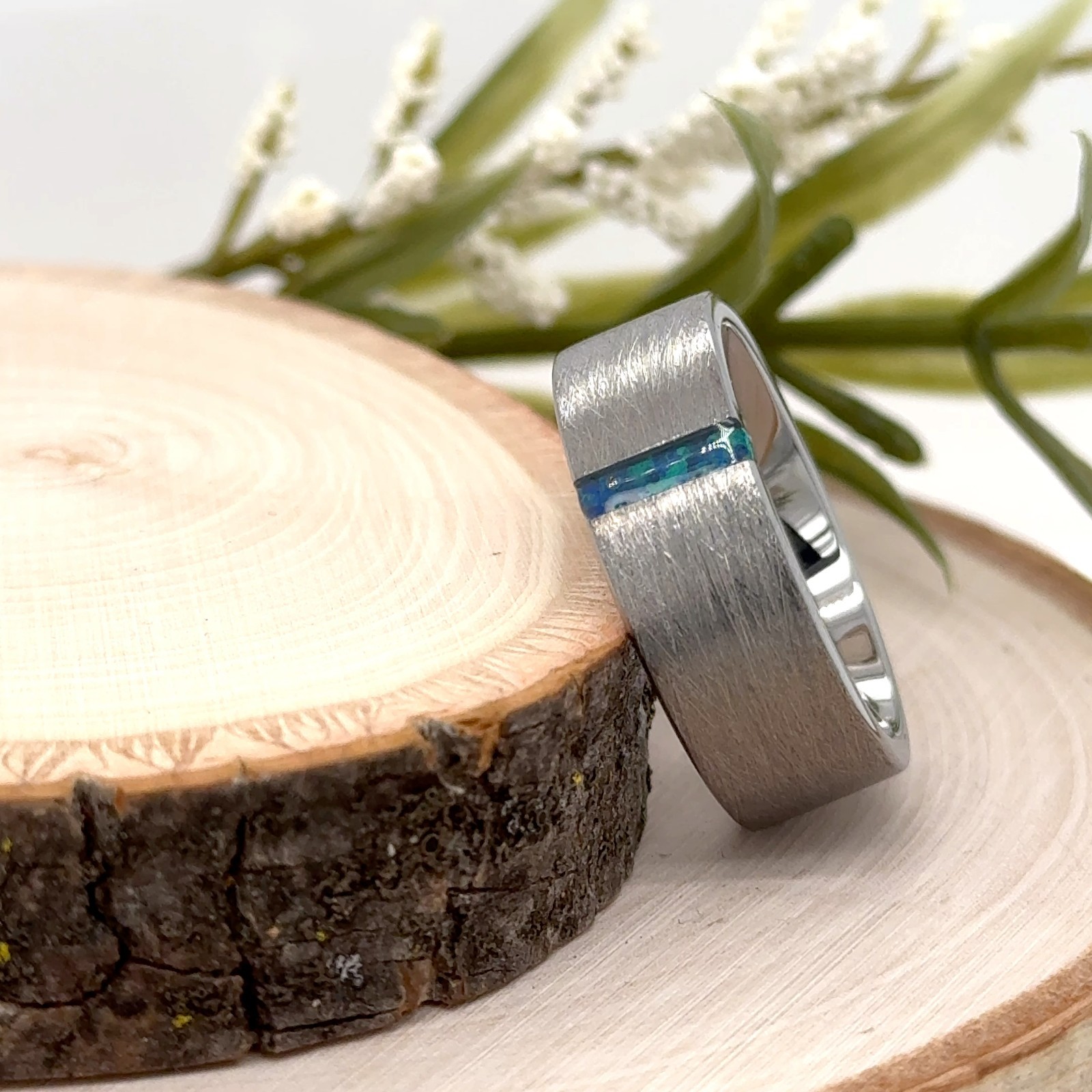 8mm Tungsten Carbide Ring Brushed Silver Blue Opal Inlay Scratch-Proof Band