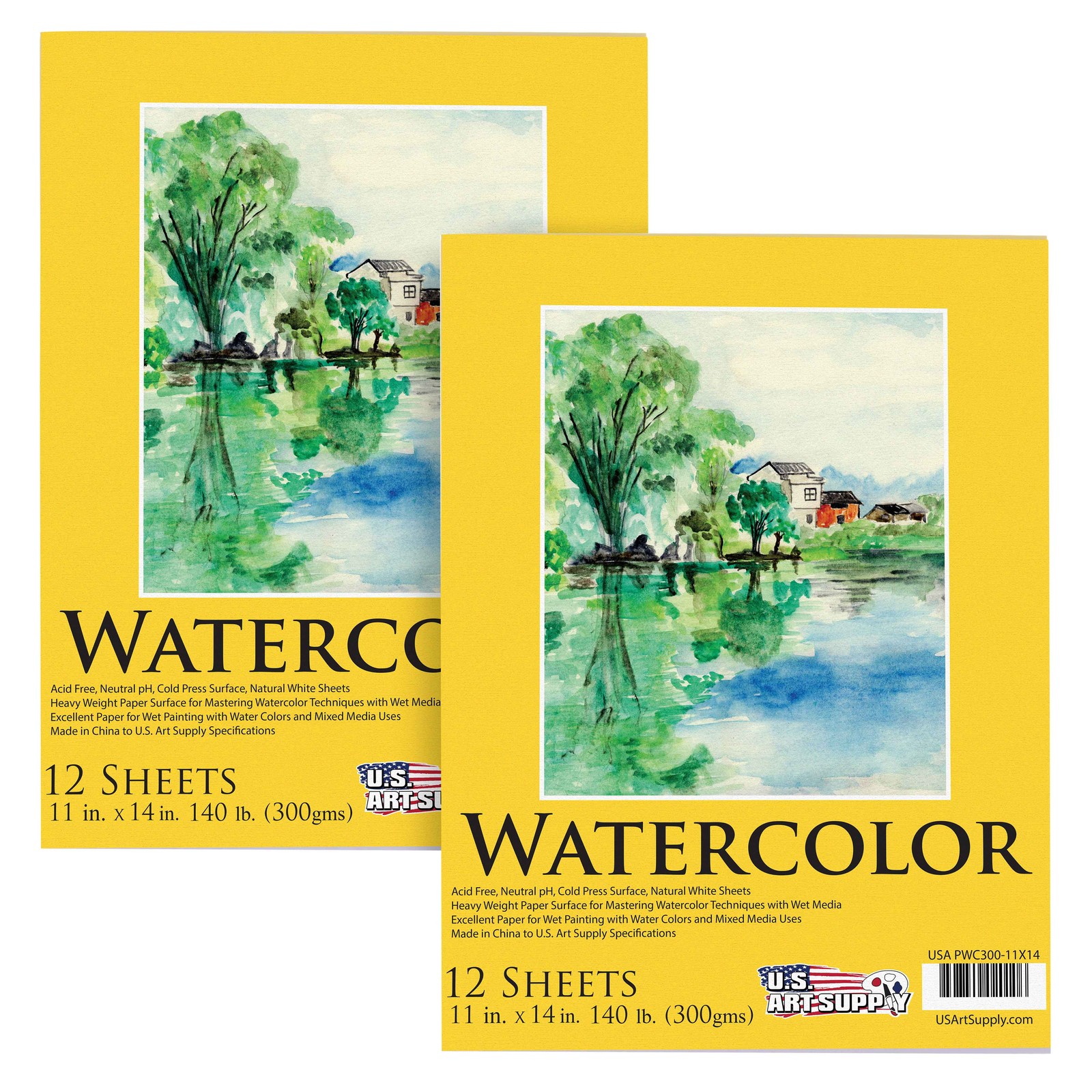 11" x 14" Watercolor Painting Paper Pads, 2 Pads, 12 Sheets Each, 140lb 300gsm