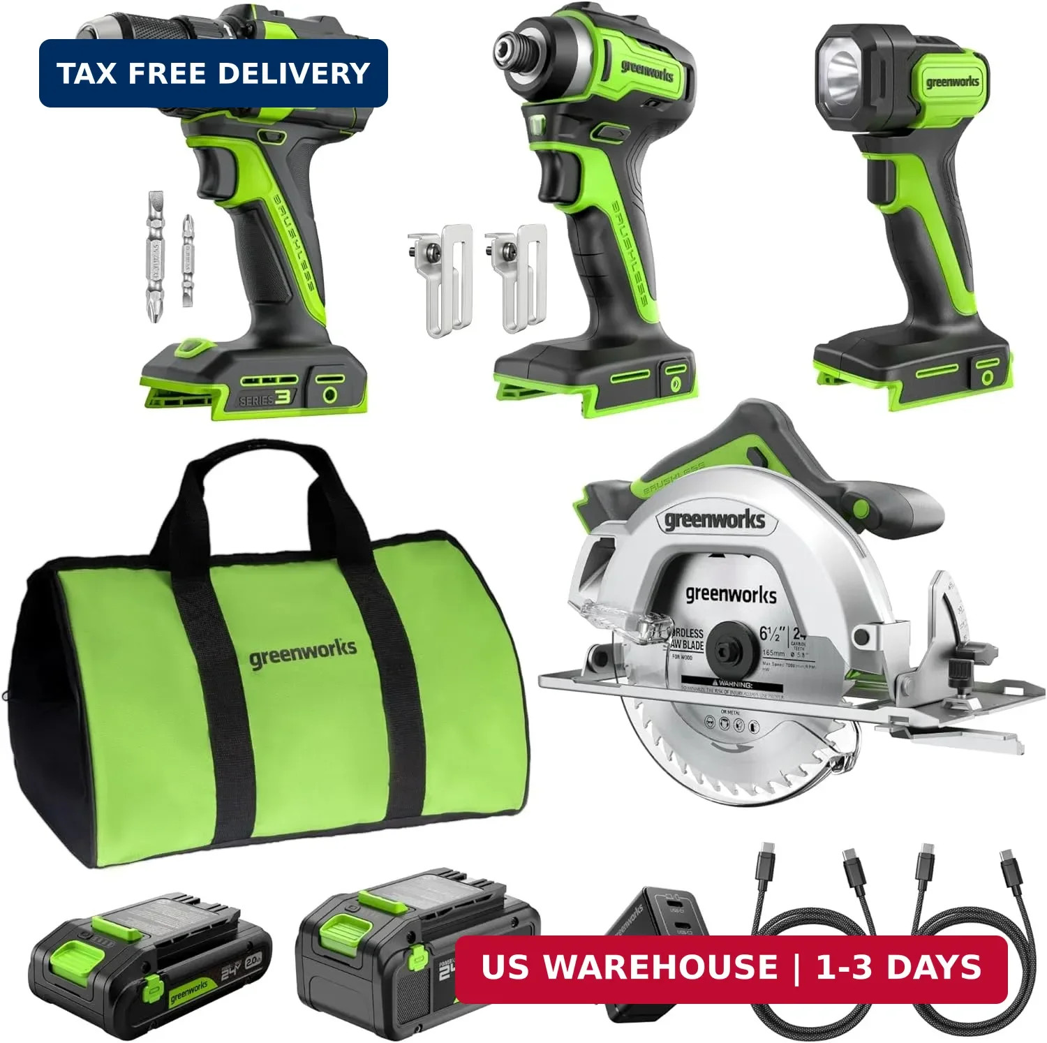 GREENWORKS 24V Combo (1/2" Drill + 1/4" Impact Driver + 6.5" Circular Saw + 200L