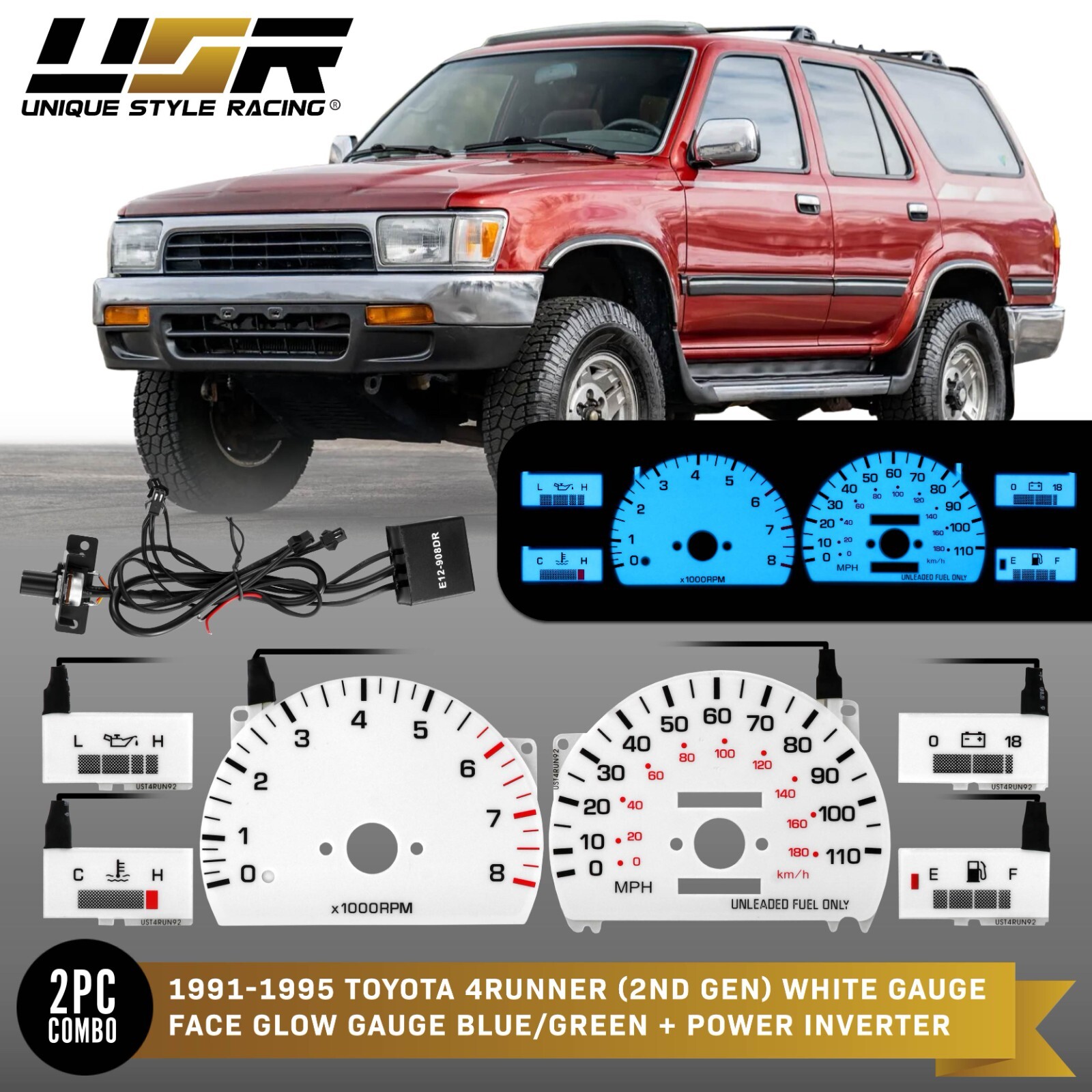 BLUE/GREEN Glow Gauge White Overlay For 91-95 Toyota 4Runner / Pickup 4WD w/TACH