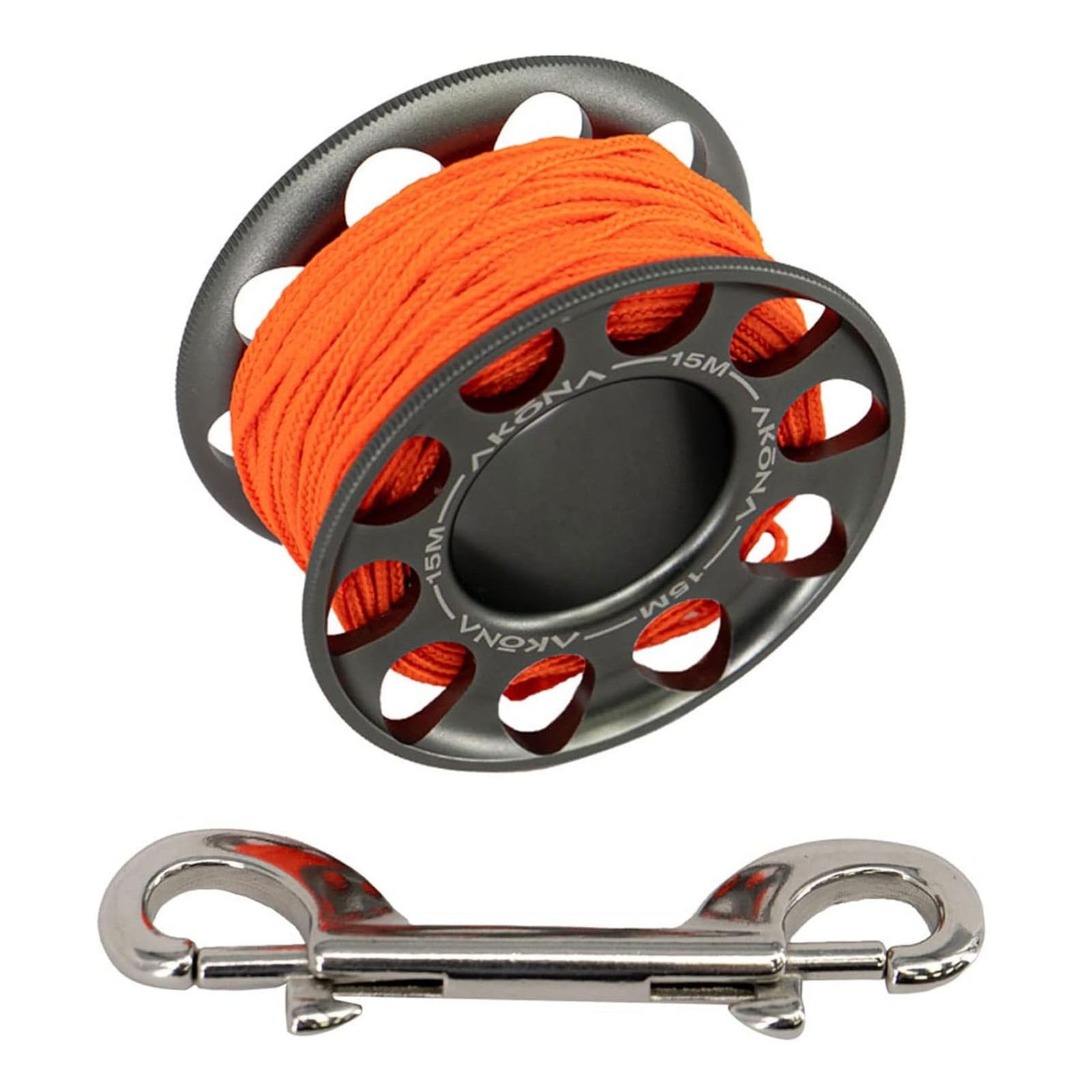 AKONA 15m Aluminum Spool with Double-Ended Stainless-Steel Clip for Scuba Diving