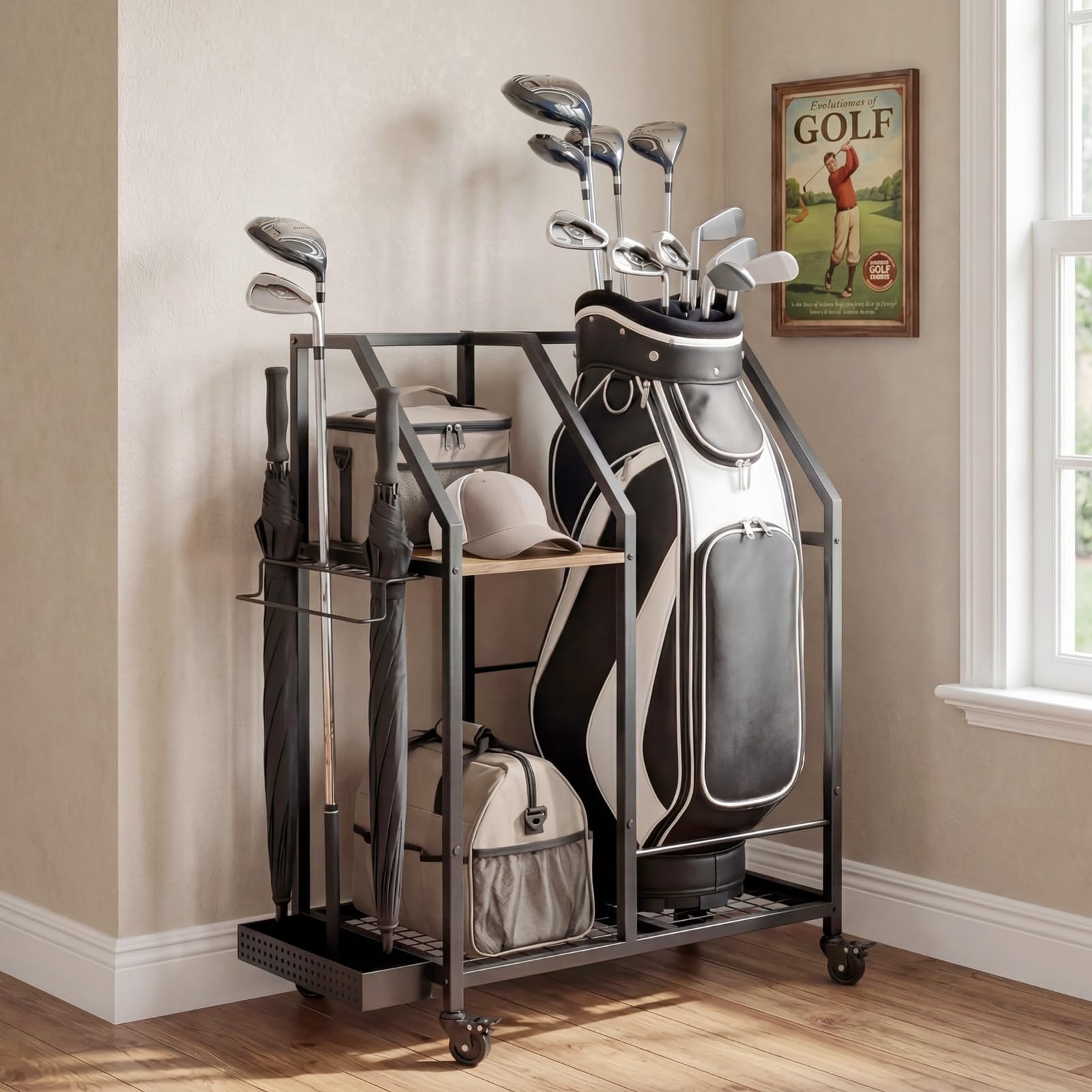 Golf Storage Organizer for Garage Bag Rack with Wheels, Mobile Club Heavy Duty
