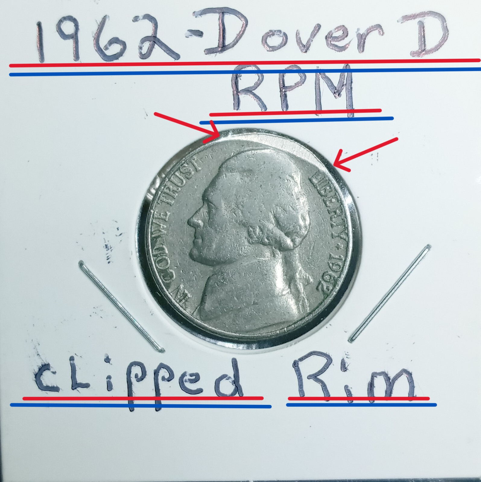 1962 D Nickel Error Collar Moved Shaved Rim Giving the Nickel a Clipped Rim Look